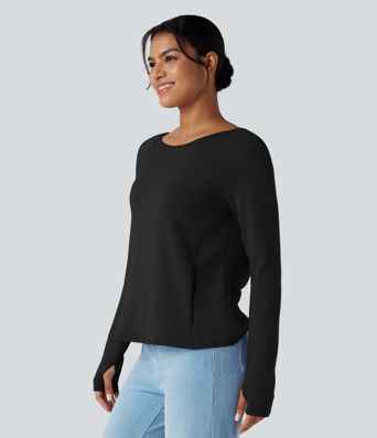 SpacerTek™ Backless Twisted Long Sleeve Thumb Holes Casual Sweatshirt with Pockets
