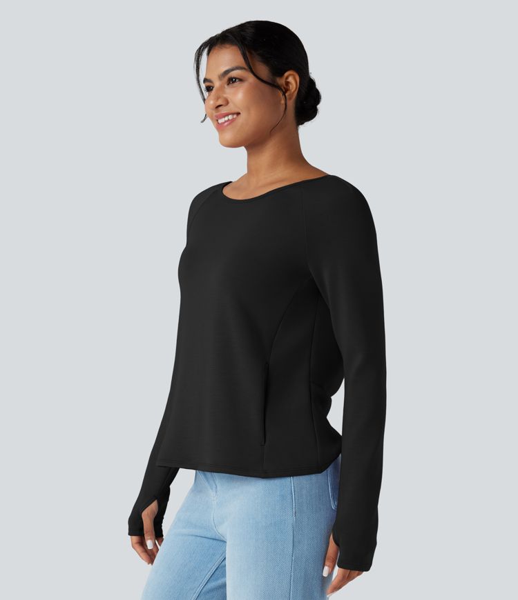 SpacerTek™ Backless Twisted Long Sleeve Thumb Holes Casual Sweatshirt with Pockets