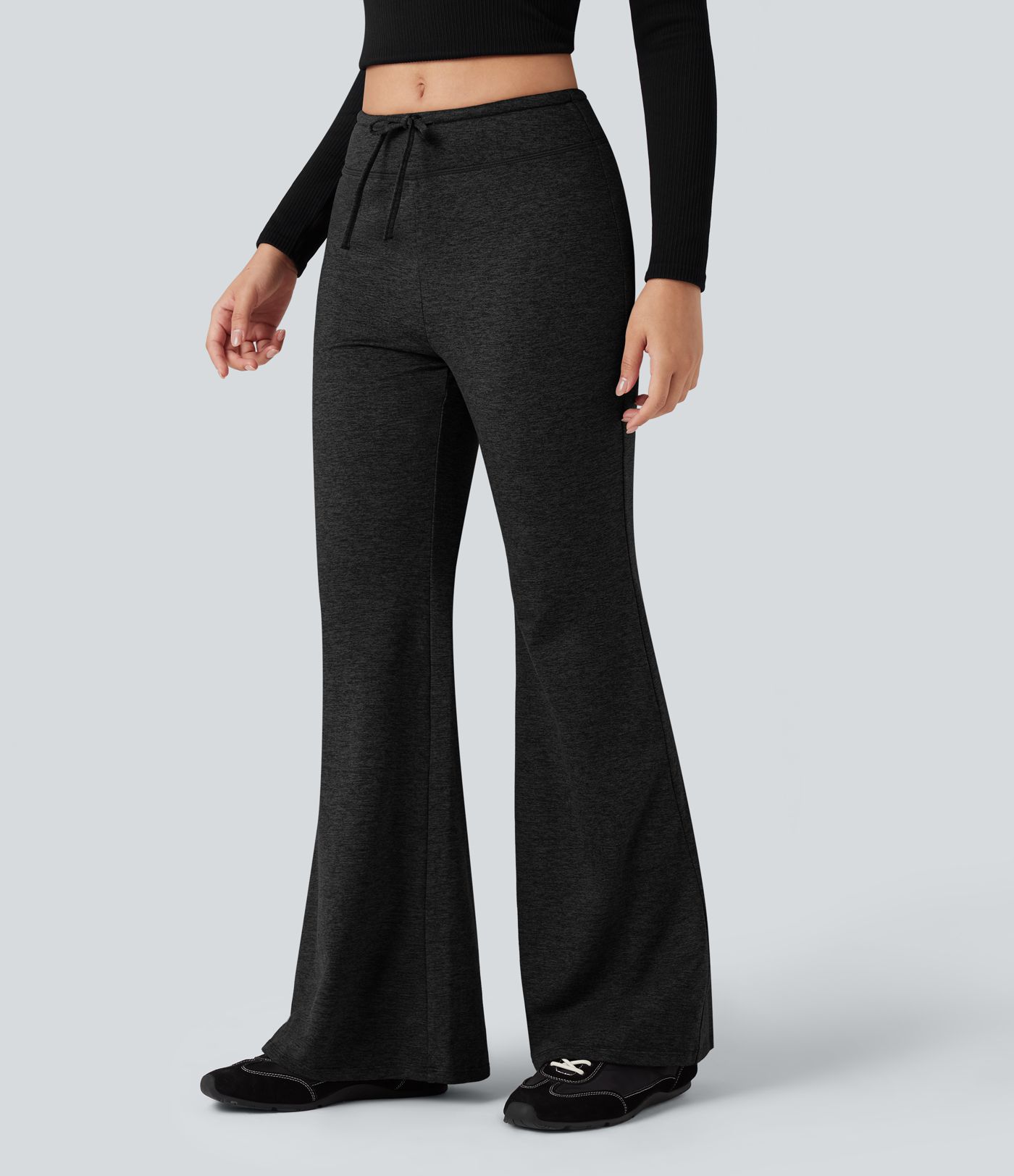 Mid Rise Drawstring Quick Dry Fleece Heathered Flare Lounging Pants-UPF40+