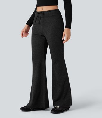 Mid Rise Drawstring Quick Dry Fleece Heathered Flare Lounging Pants-UPF40+