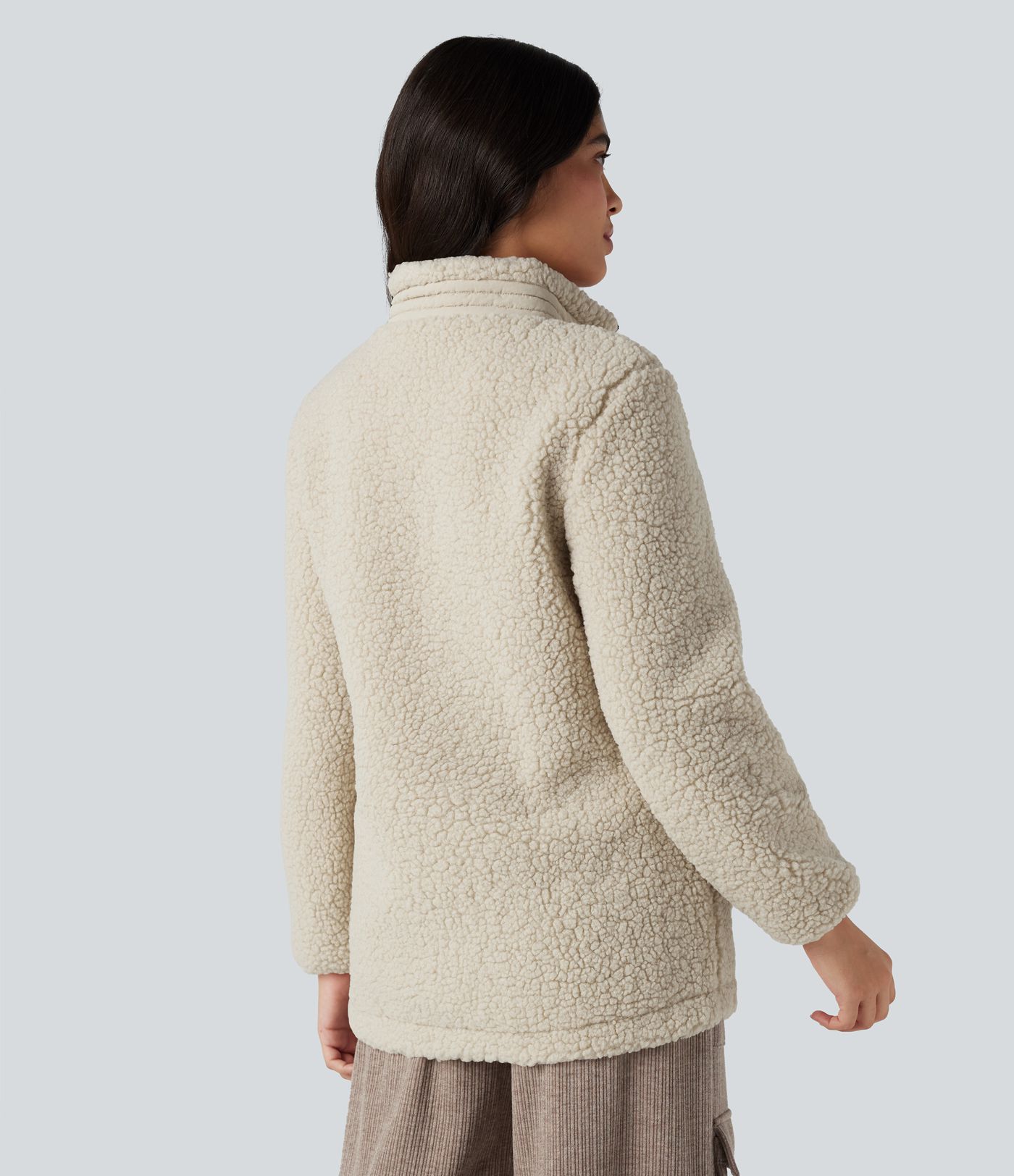 Stand Collar Zip Fly Relaxed Hiking Teddy Jacket with Pockets