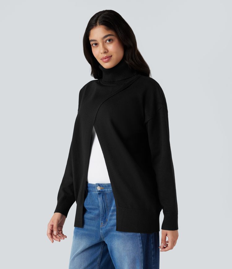 High Neck Long Sleeve Work Sweater-Front and Back Wearable