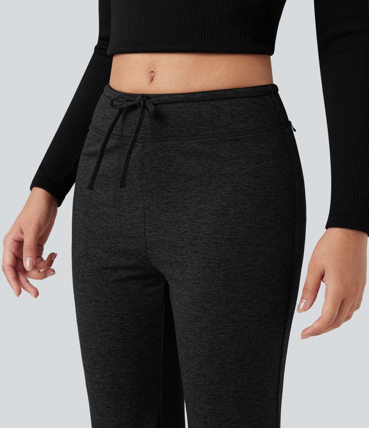 Mid Rise Drawstring Quick Dry Fleece Heathered Flare Lounging Pants-UPF40+