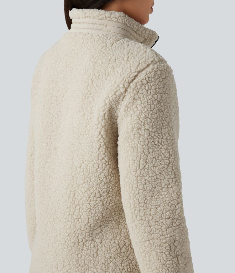 Veste teddy randonnée col montant décontractée avec fermeture éclair et poches