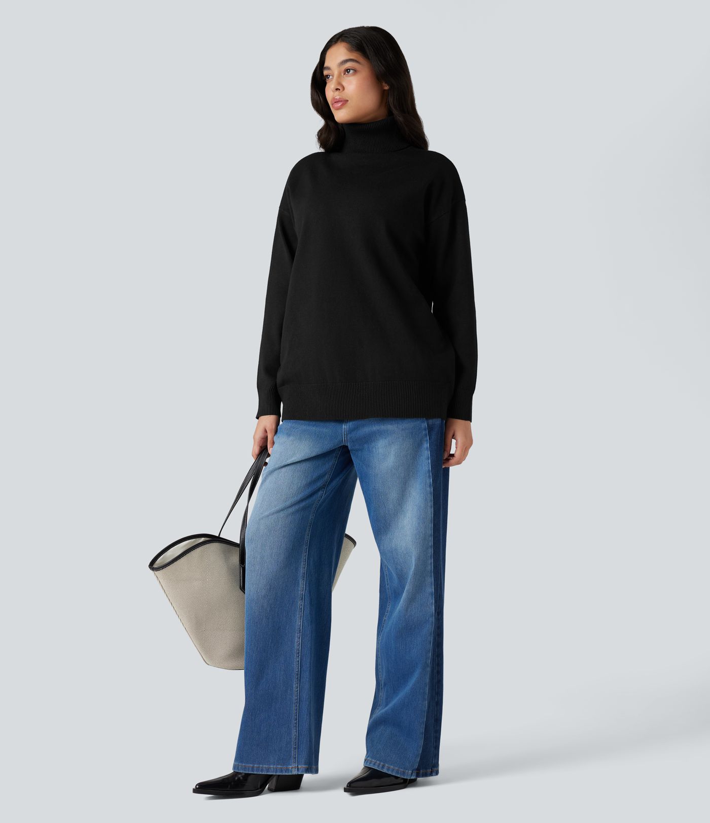 High Neck Long Sleeve Work Sweater-Front and Back Wearable