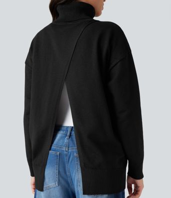 High Neck Long Sleeve Work Sweater-Front and Back Wearable