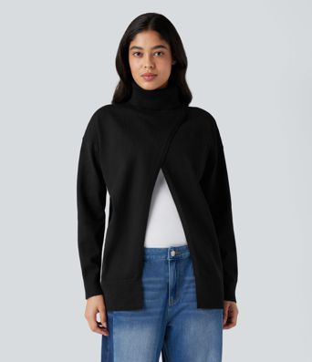 High Neck Long Sleeve Work Sweater-Front and Back Wearable