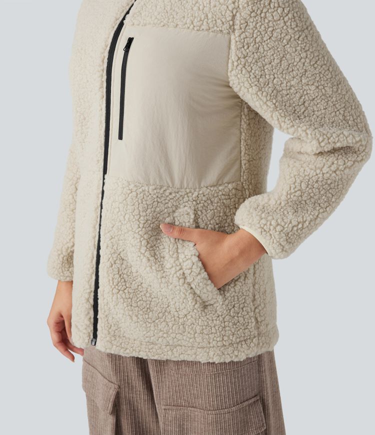 Veste teddy randonnée col montant décontractée avec fermeture éclair et poches