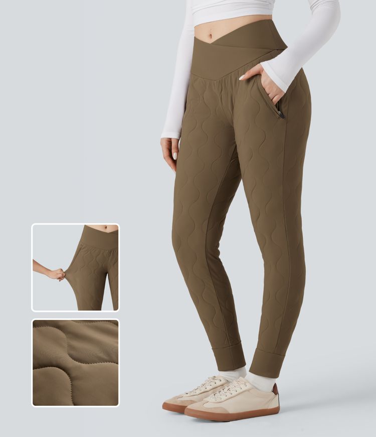 Crossover High Waisted Casual Quilted Joggers with Pockets