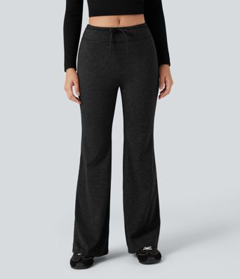 Mid Rise Drawstring Quick Dry Fleece Heathered Flare Lounging Pants-UPF40+