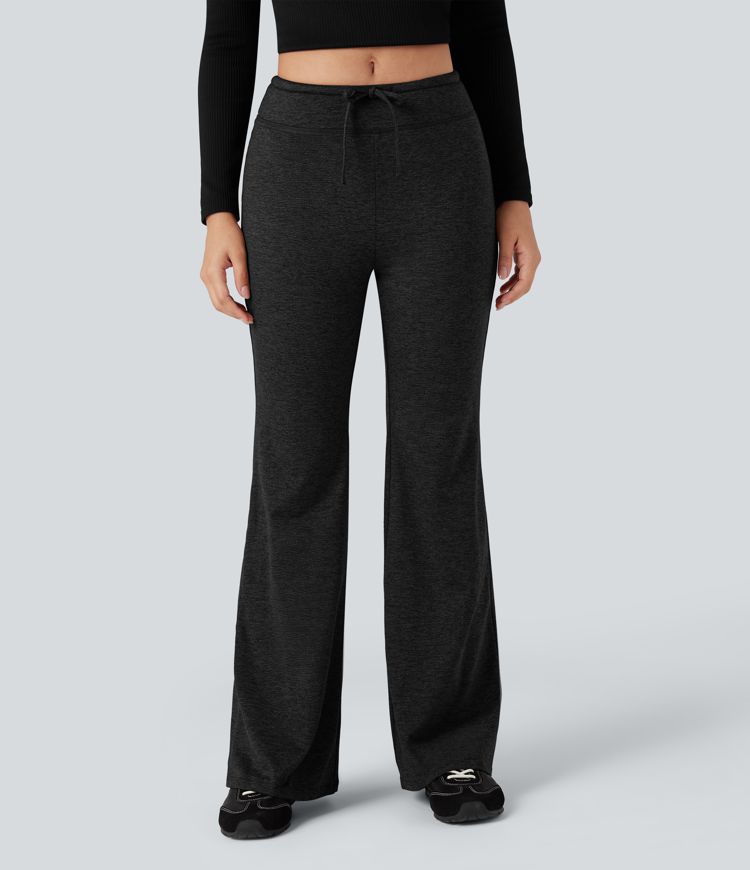 Mid Rise Drawstring Quick Dry Fleece Heathered Flare Lounging Pants-UPF40+