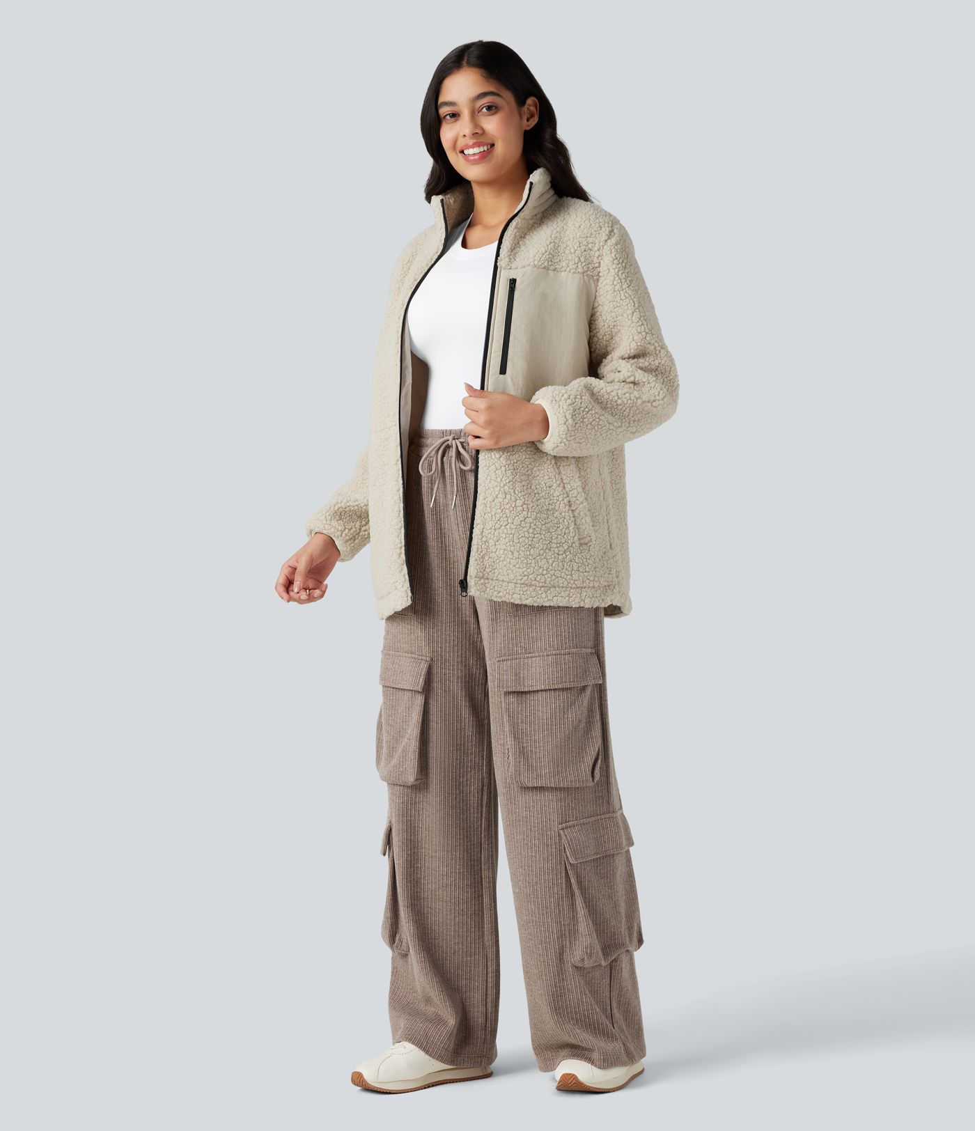 Stand Collar Zip Fly Relaxed Hiking Teddy Jacket with Pockets