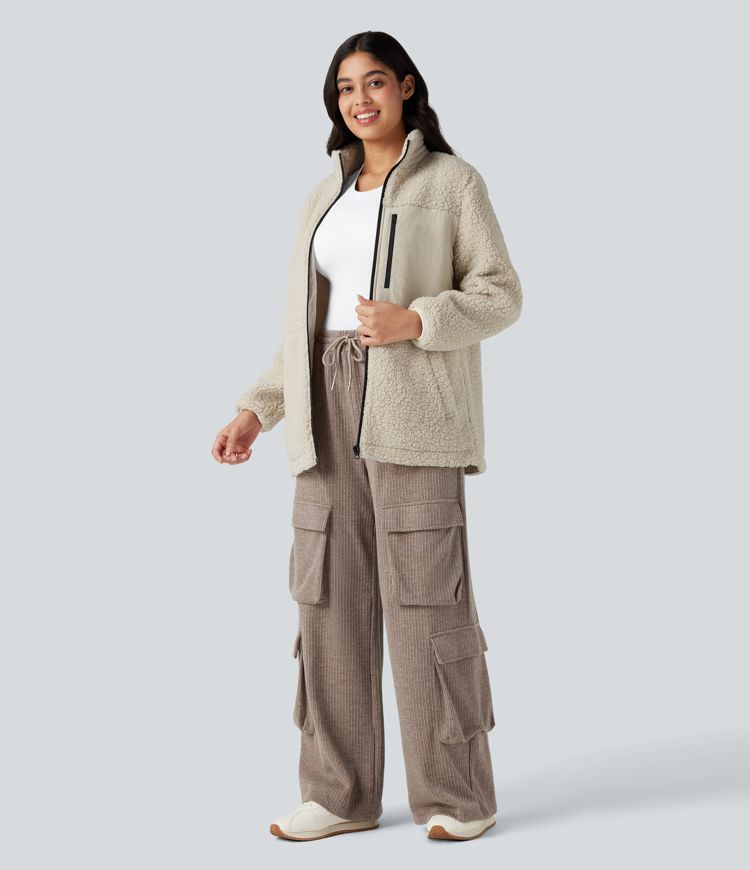 Veste teddy randonnée col montant décontractée avec fermeture éclair et poches