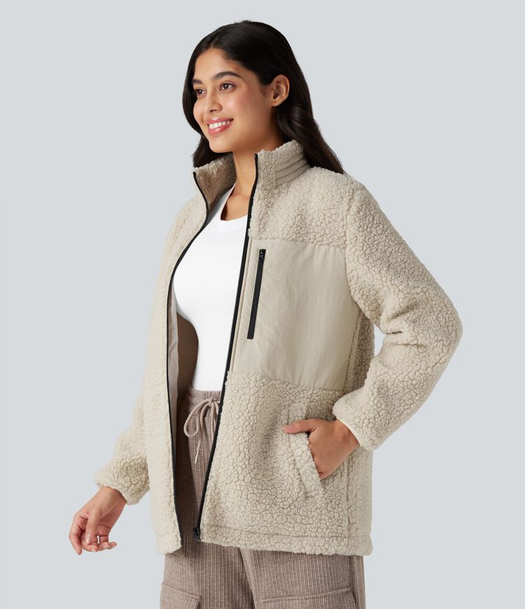 Veste teddy randonnée col montant décontractée avec fermeture éclair et poches