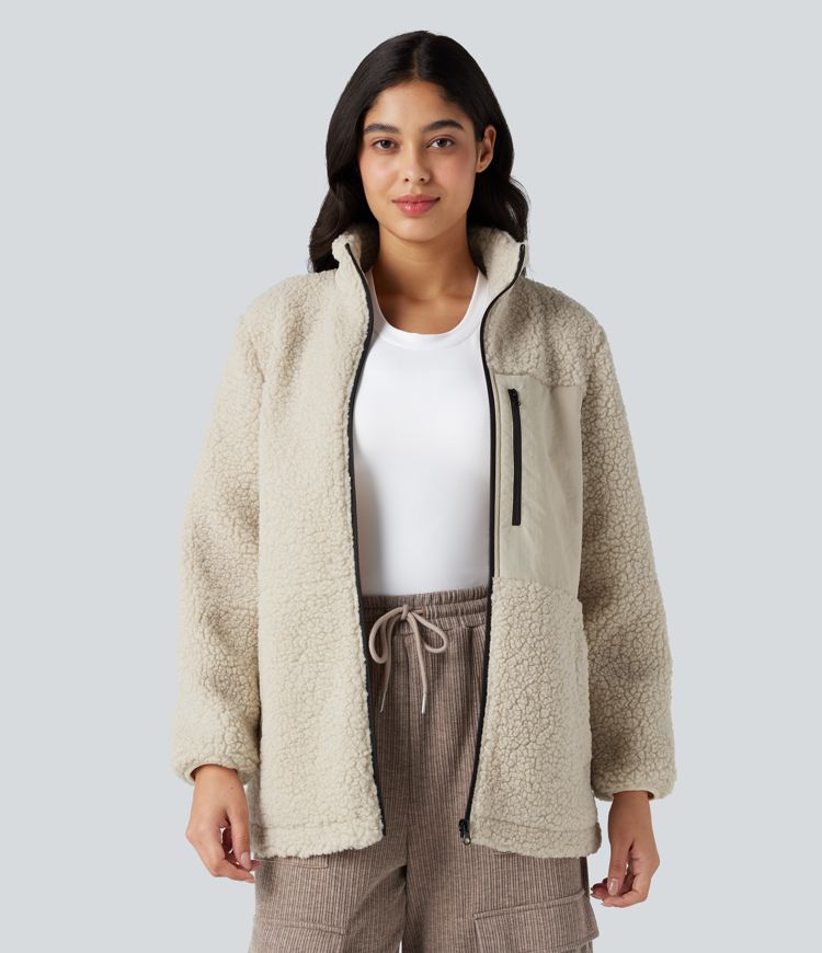 Stand Collar Zip Fly Relaxed Hiking Teddy Jacket with Pockets