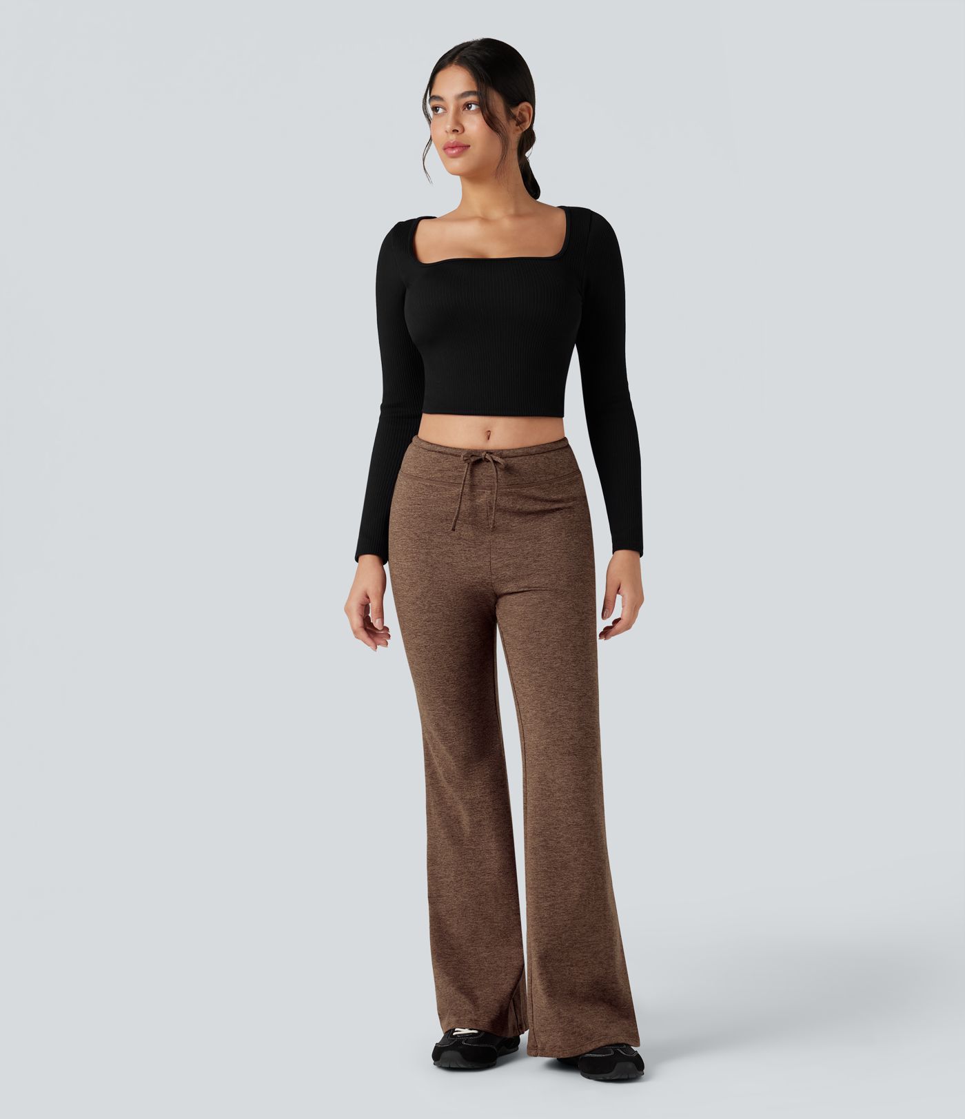 Mid Rise Drawstring Quick Dry Fleece Heathered Flare Lounging Pants-UPF40+