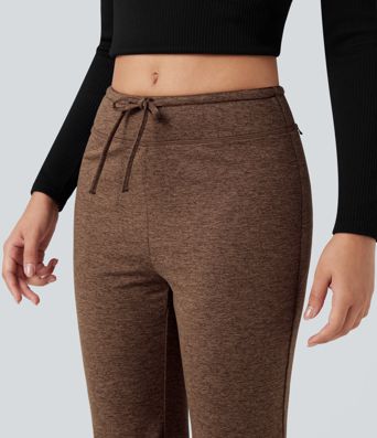 Mid Rise Drawstring Quick Dry Fleece Heathered Flare Lounging Pants-UPF40+