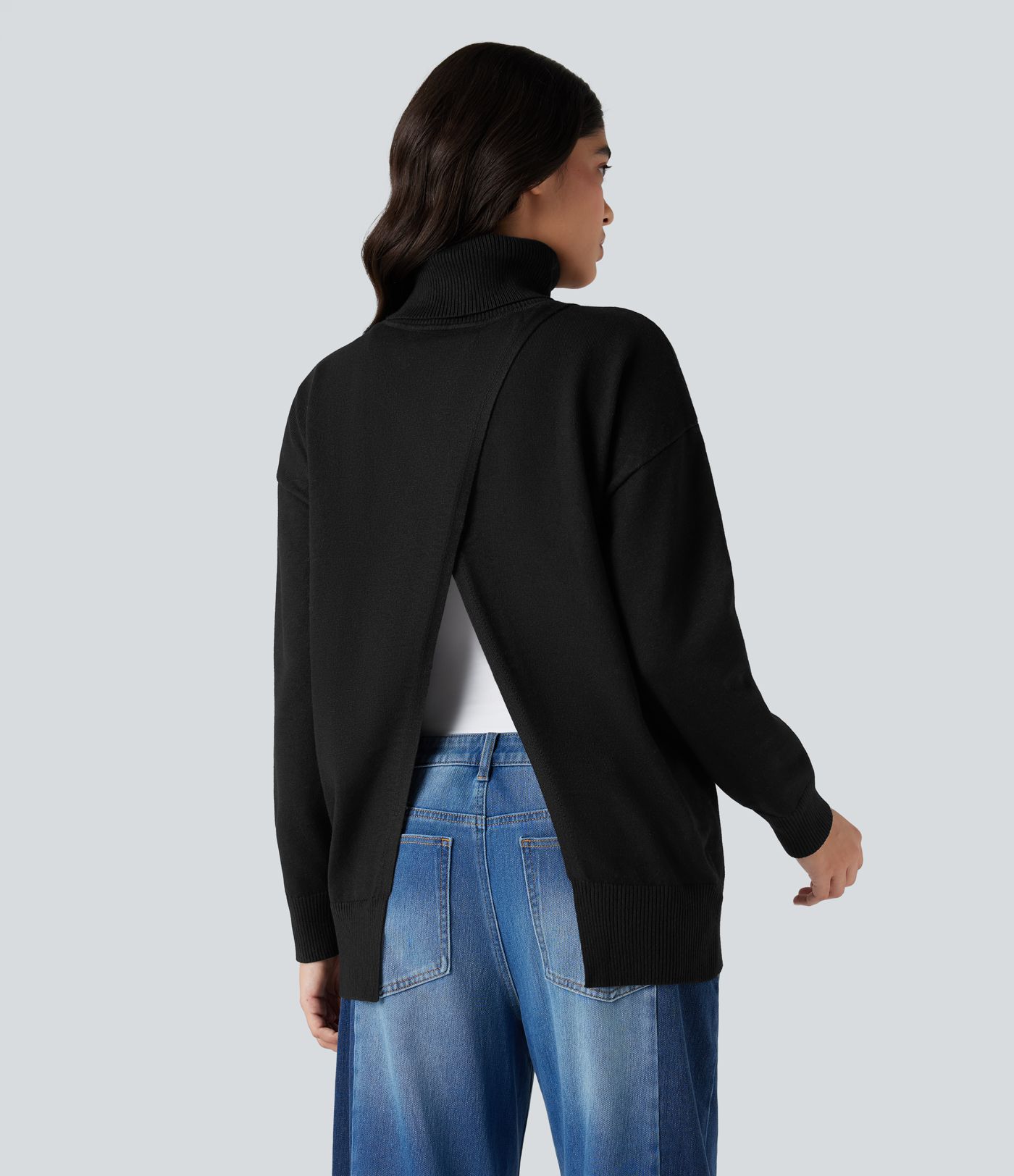 High Neck Long Sleeve Work Sweater-Front and Back Wearable