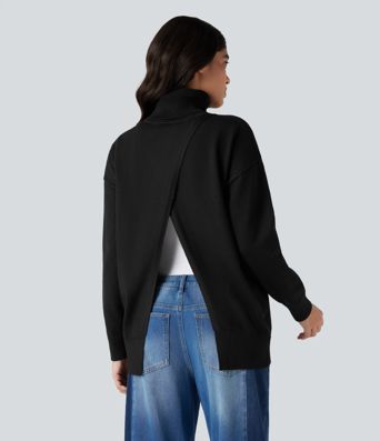 High Neck Long Sleeve Work Sweater-Front and Back Wearable