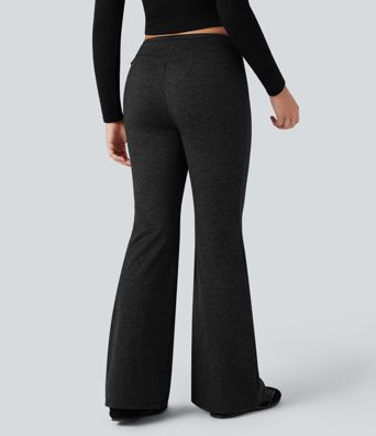 Mid Rise Drawstring Quick Dry Fleece Heathered Flare Lounging Pants-UPF40+