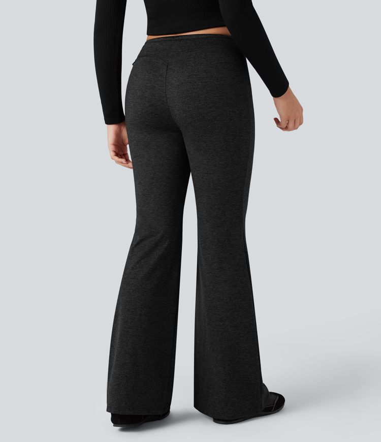 Mid Rise Drawstring Quick Dry Fleece Heathered Flare Lounging Pants-UPF40+