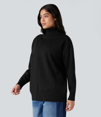 High Neck Long Sleeve Work Sweater-Front and Back Wearable