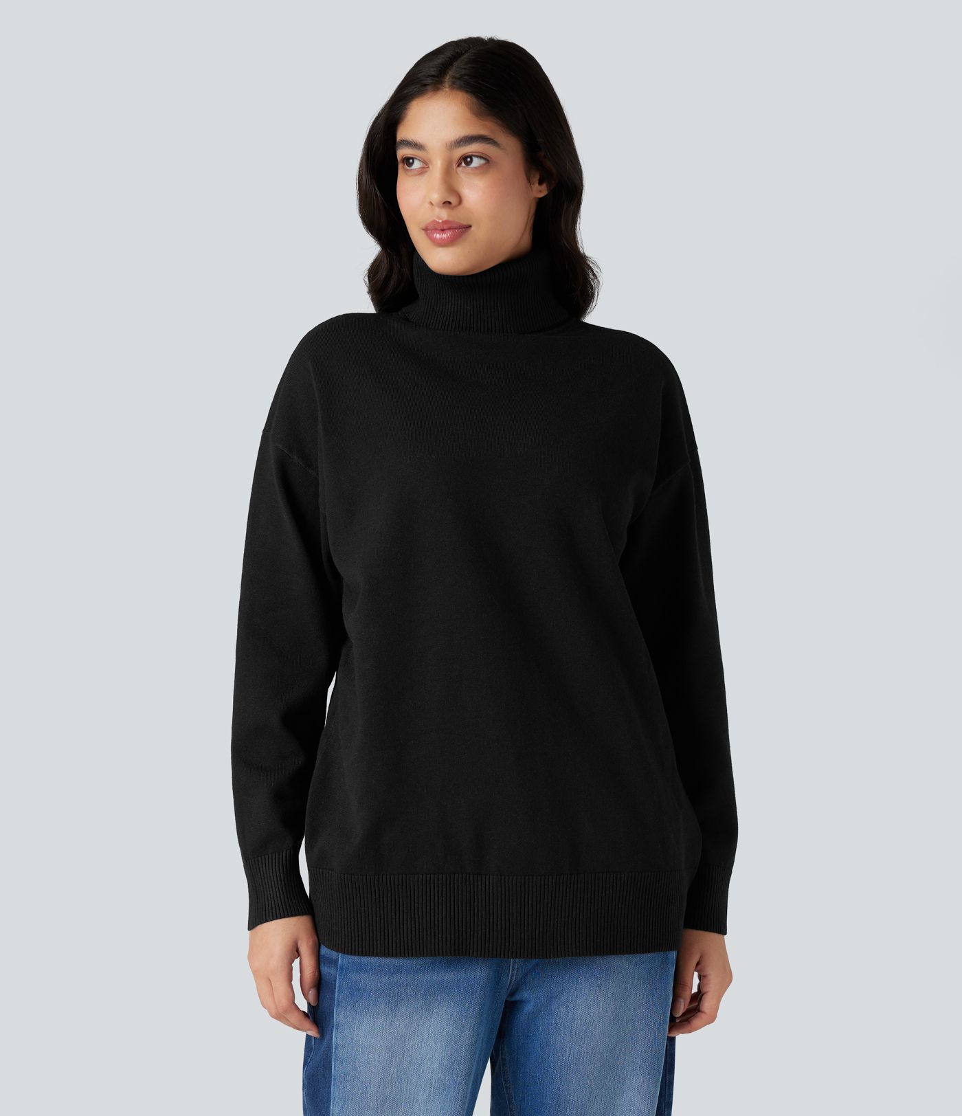 High Neck Long Sleeve Work Sweater-Front and Back Wearable