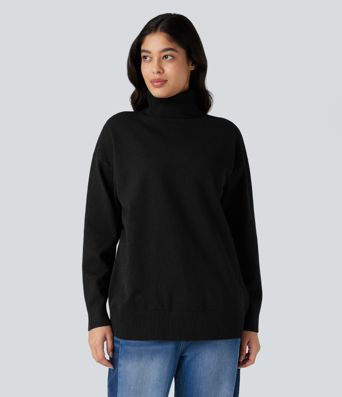High Neck Long Sleeve Work Sweater-Front and Back Wearable