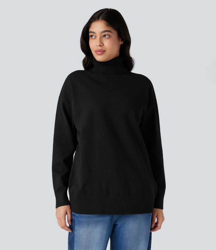 High Neck Long Sleeve Work Sweater-Front and Back Wearable