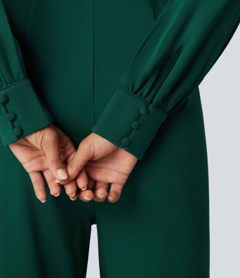 V Neck Puff Long Sleeve Straight Leg Work Jumpsuit with Pockets