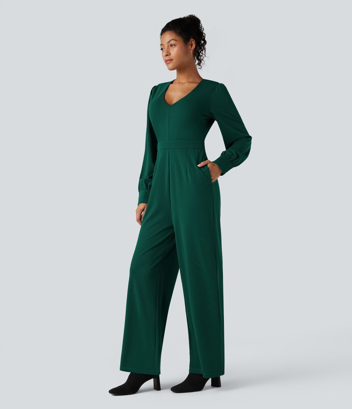 V Neck Puff Long Sleeve Straight Leg Work Jumpsuit with Pockets