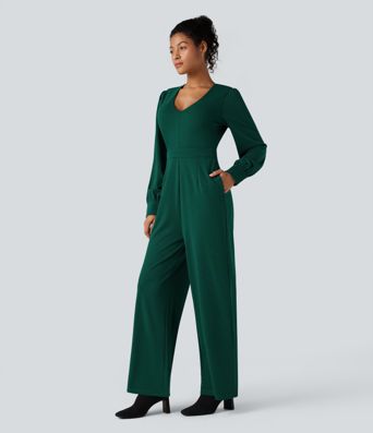V Neck Puff Long Sleeve Straight Leg Work Jumpsuit with Pockets