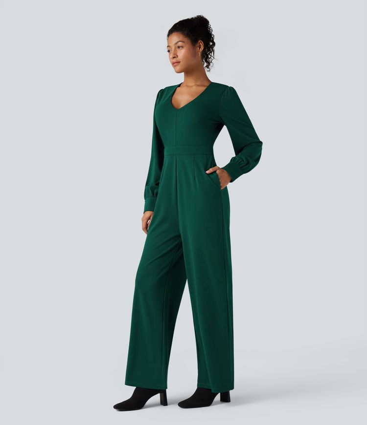 V Neck Puff Long Sleeve Straight Leg Work Jumpsuit with Pockets