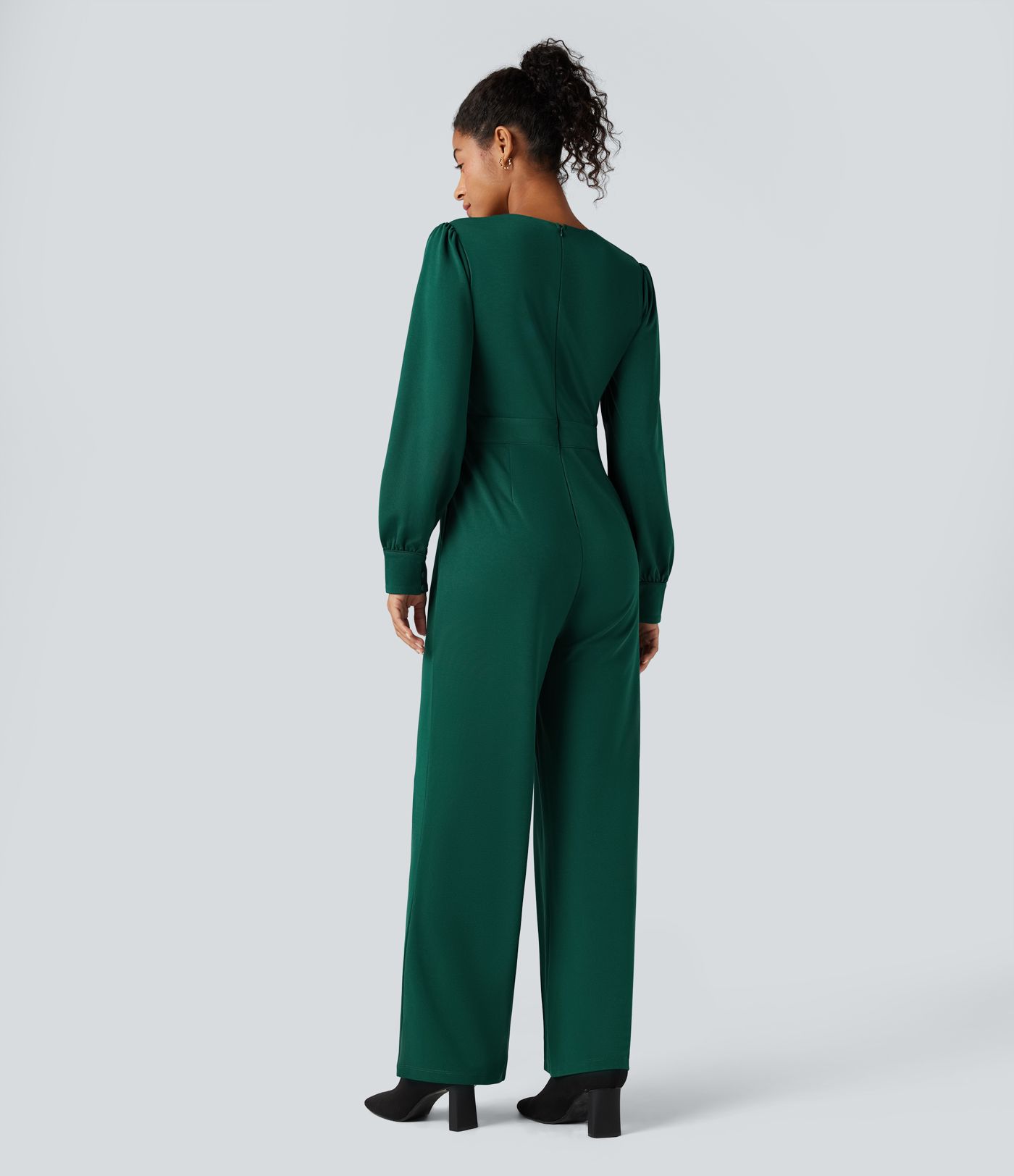V Neck Puff Long Sleeve Straight Leg Work Jumpsuit with Pockets