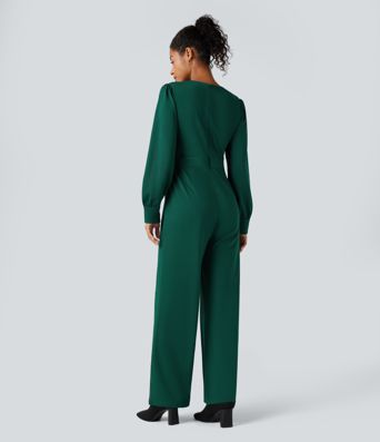 V Neck Puff Long Sleeve Straight Leg Work Jumpsuit with Pockets