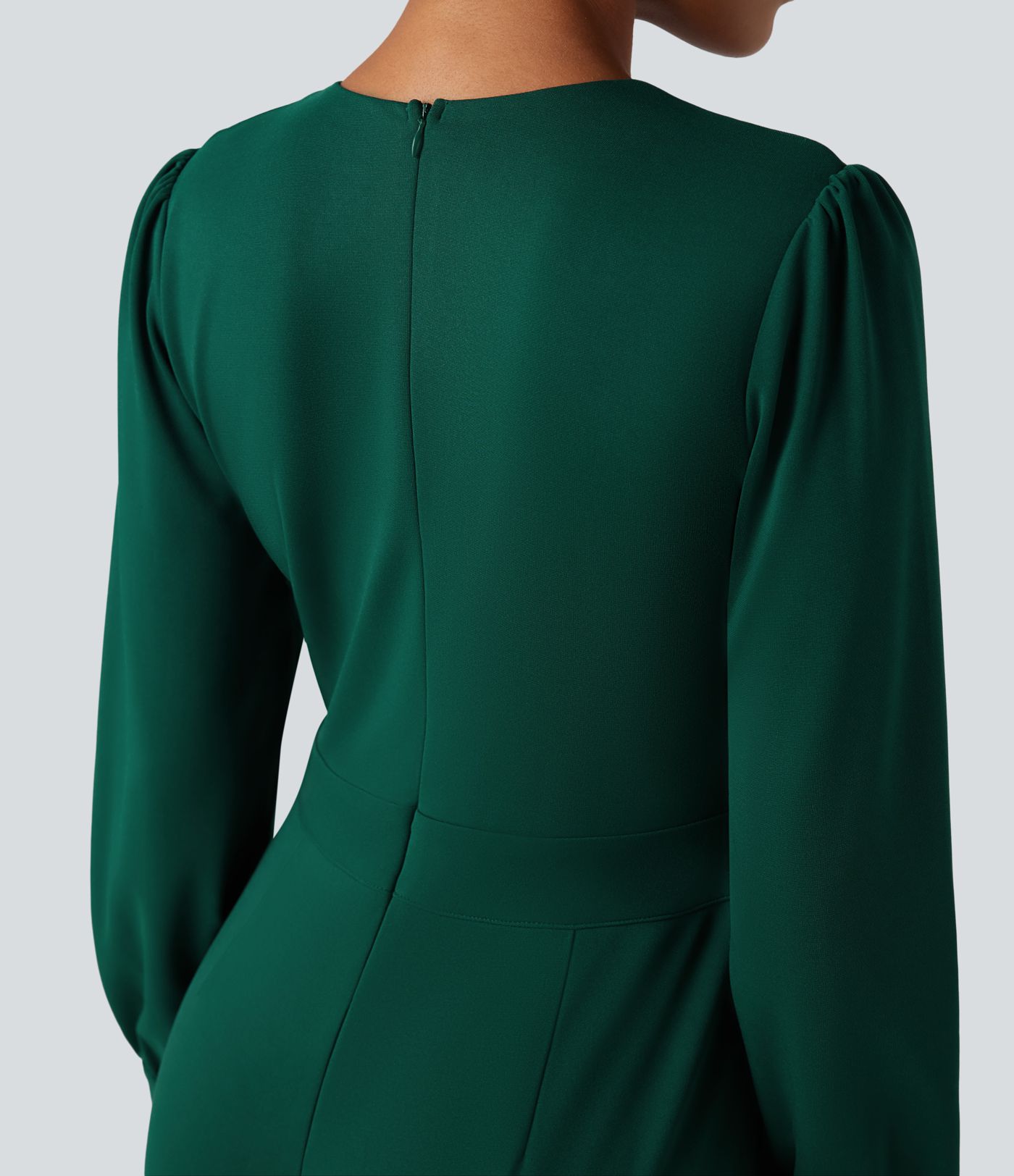 V Neck Puff Long Sleeve Straight Leg Work Jumpsuit with Pockets