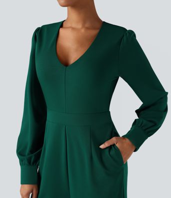 V Neck Puff Long Sleeve Straight Leg Work Jumpsuit with Pockets