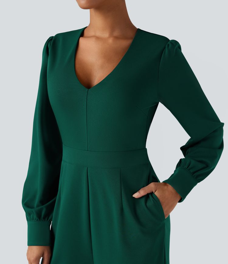 V Neck Puff Long Sleeve Straight Leg Work Jumpsuit with Pockets