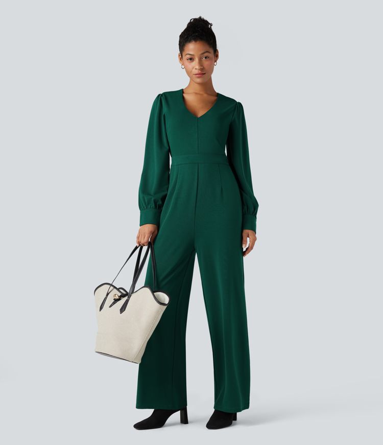 V Neck Puff Long Sleeve Straight Leg Work Jumpsuit with Pockets