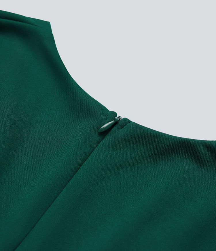 V Neck Puff Long Sleeve Straight Leg Work Jumpsuit with Pockets
