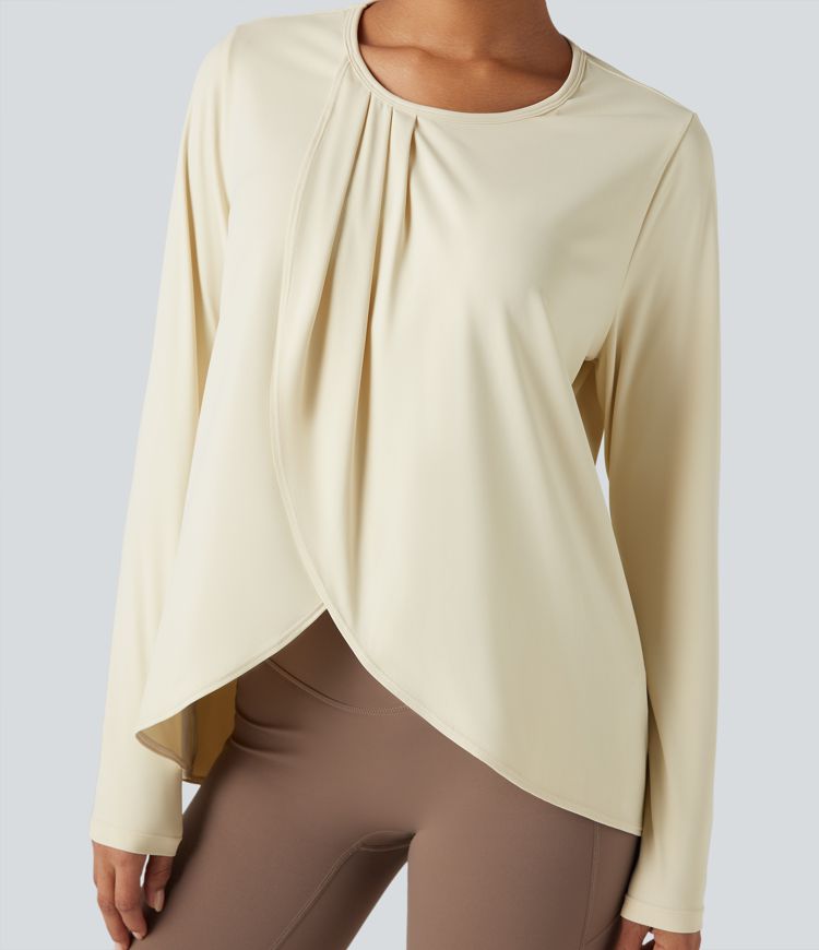 Round Neck Long Sleeve Crossover Hem Relaxed Running Sports Top