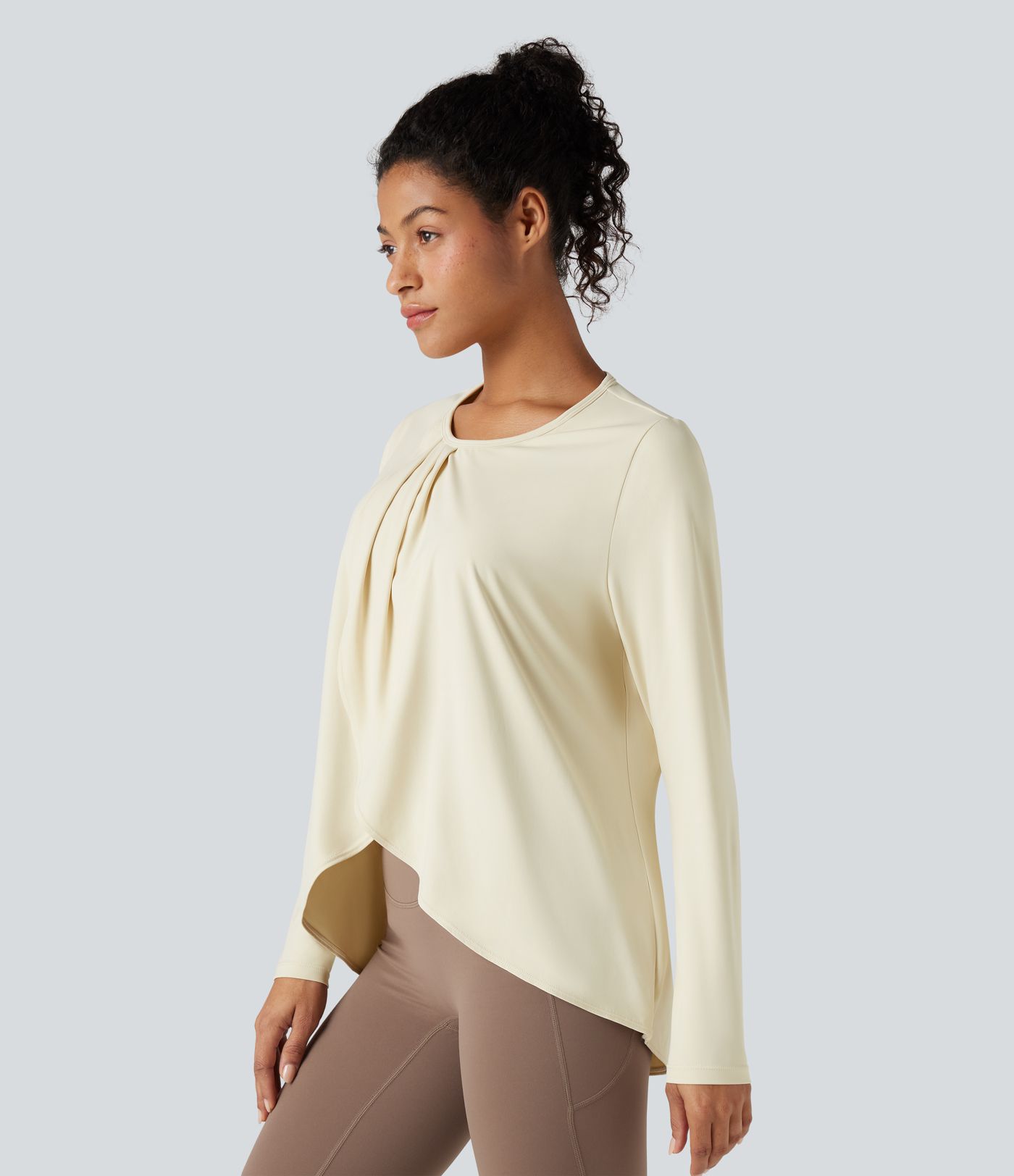 Round Neck Long Sleeve Crossover Hem Relaxed Running Sports Top