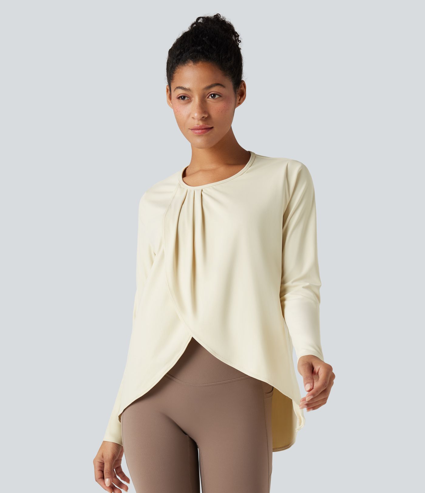 Round Neck Long Sleeve Crossover Hem Relaxed Running Sports Top