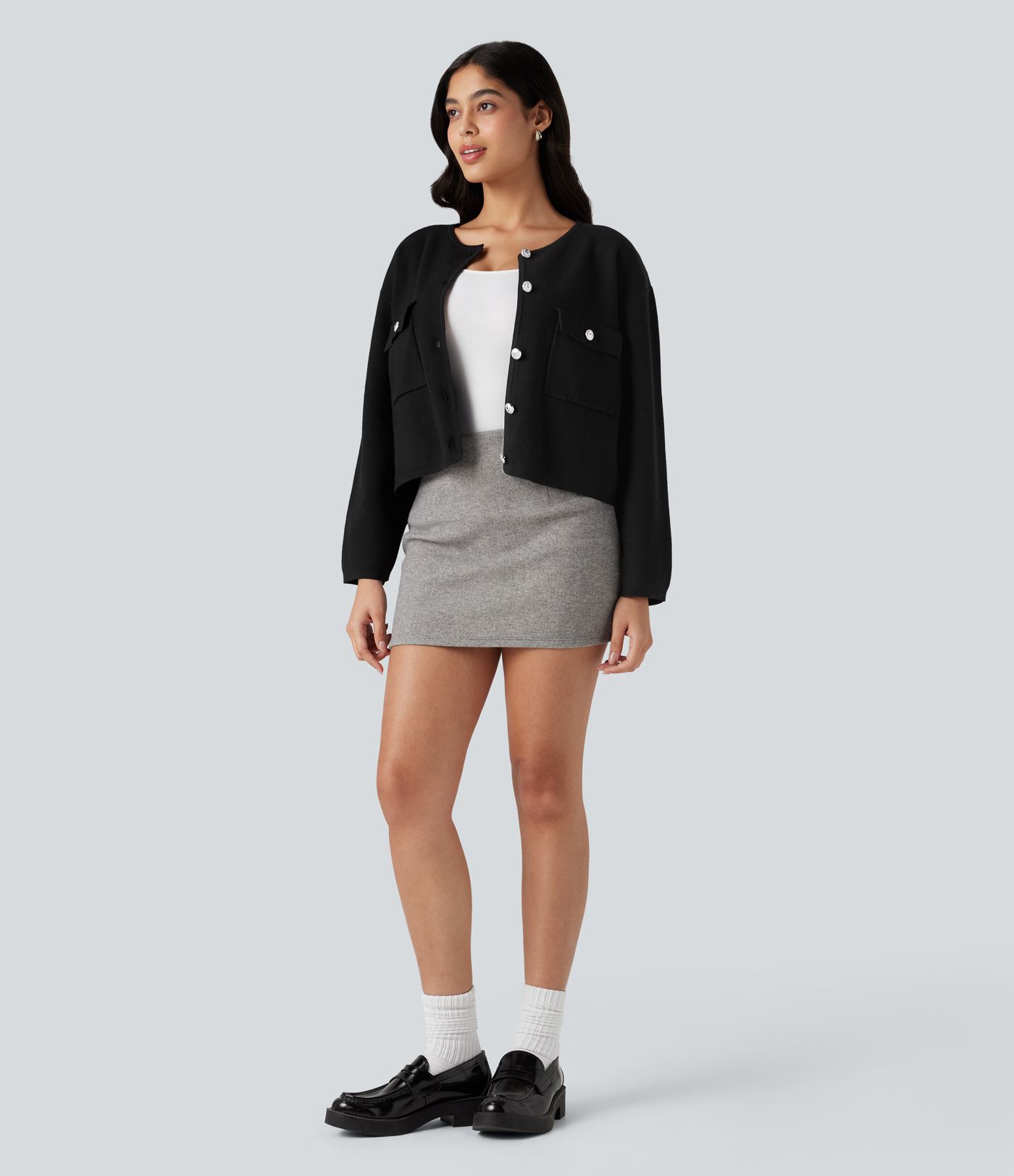 Round Neck Long Sleeve Casual Cardigan with Pockets