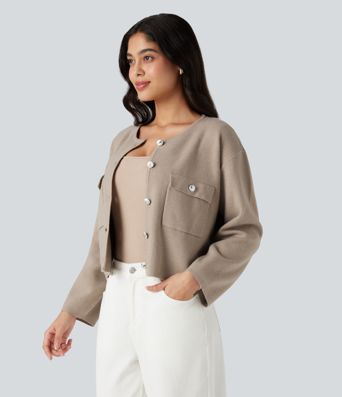 Round Neck Long Sleeve Casual Cardigan with Pockets