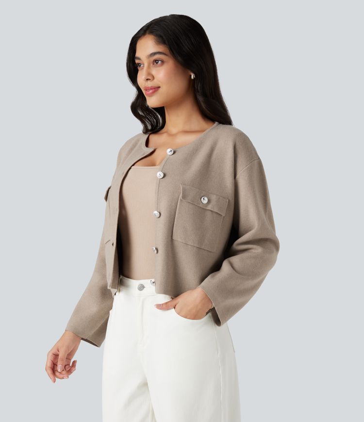 Round Neck Long Sleeve Casual Cardigan with Pockets