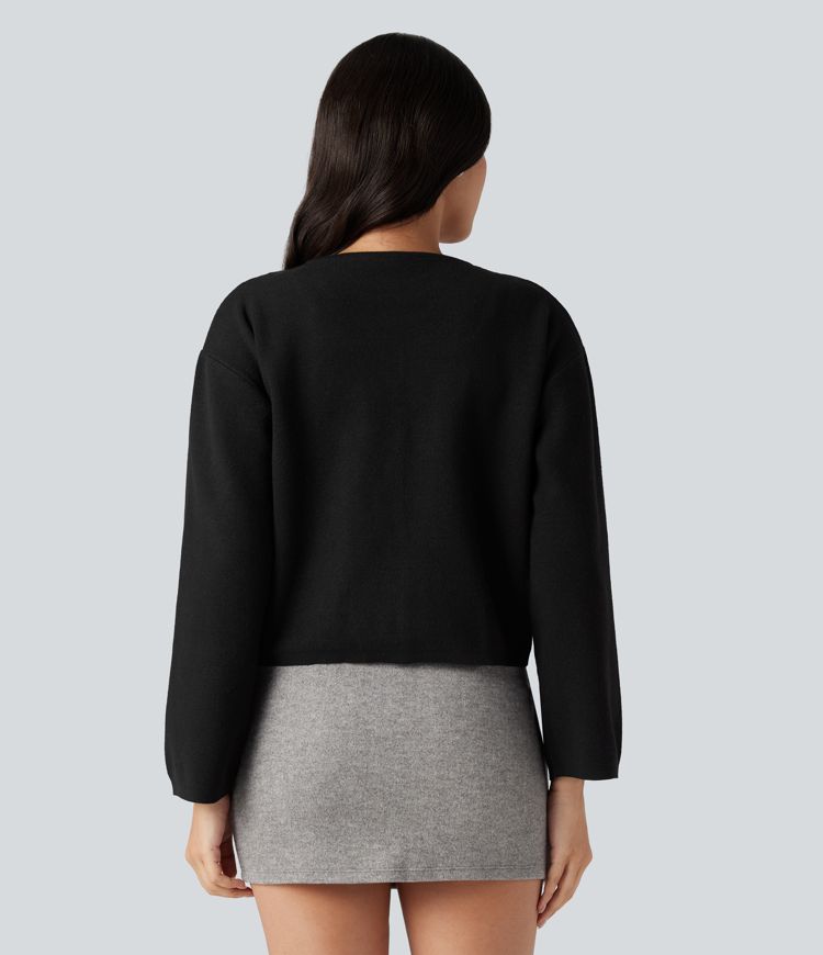 Round Neck Long Sleeve Casual Cardigan with Pockets