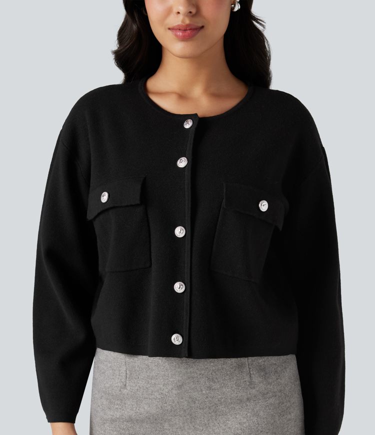 Round Neck Long Sleeve Casual Cardigan with Pockets