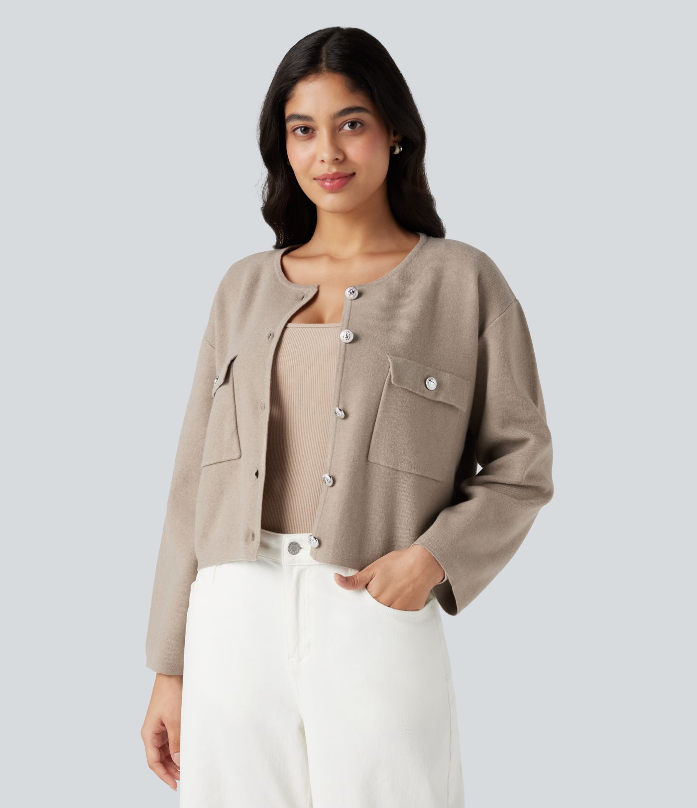 Round Neck Long Sleeve Casual Cardigan with Pockets