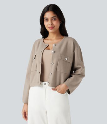 Round Neck Long Sleeve Casual Cardigan with Pockets